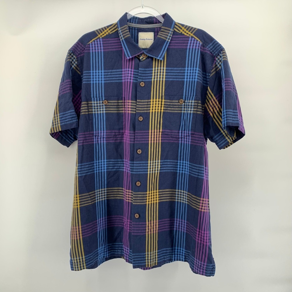 Tommy Bahama XL Island Zone Silk Poly Navy Pink Plaid Short Sleeve Retro Shirt